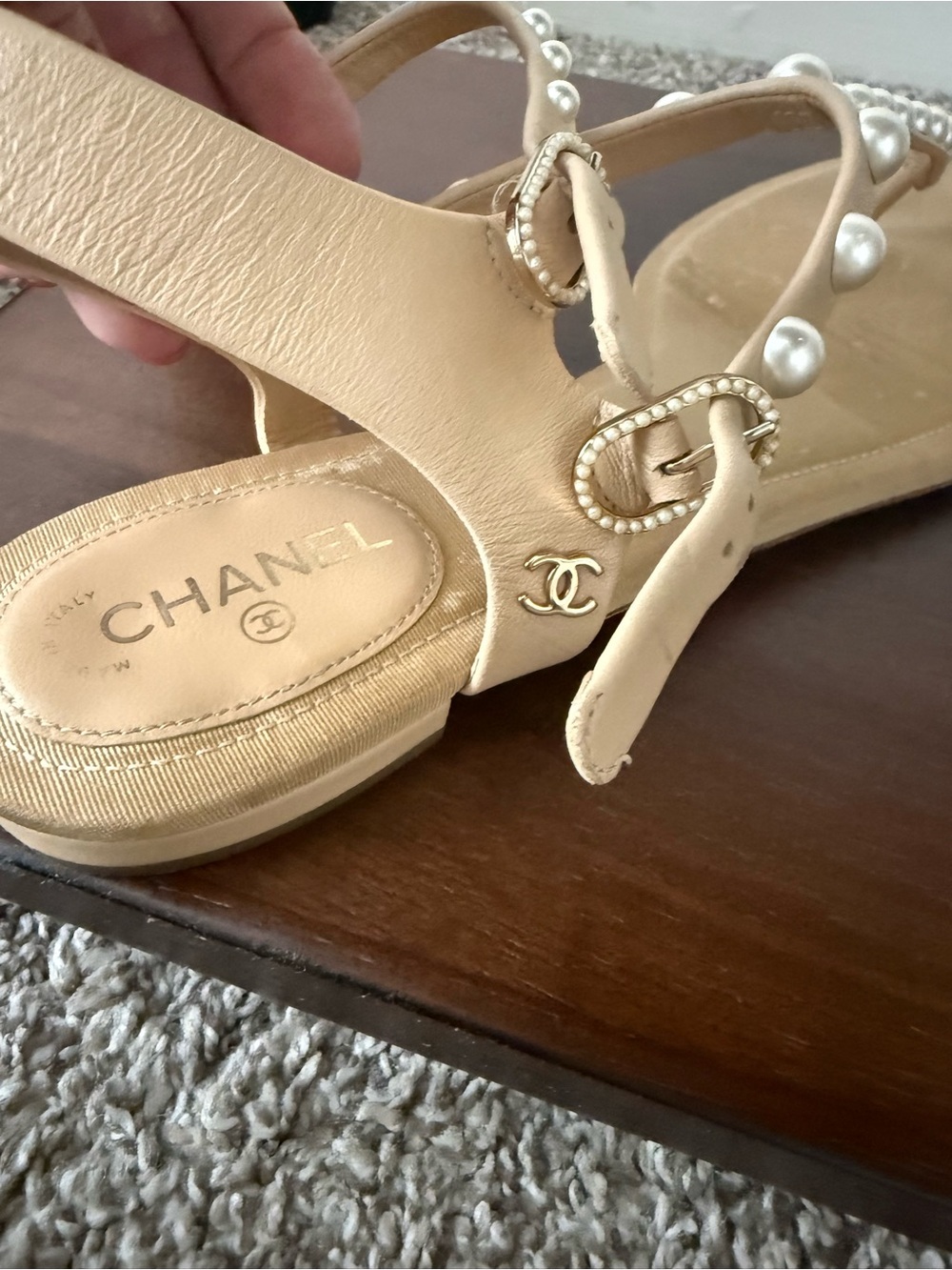 Chanel Nude Pearl-Embellished T-Strap Sandals - Women US9 - Picture 5 of 8